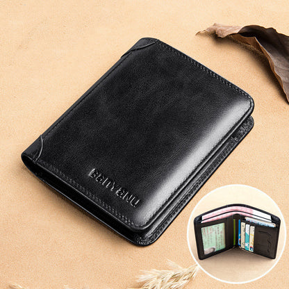 mens short matte leather tri fold vertical wallet