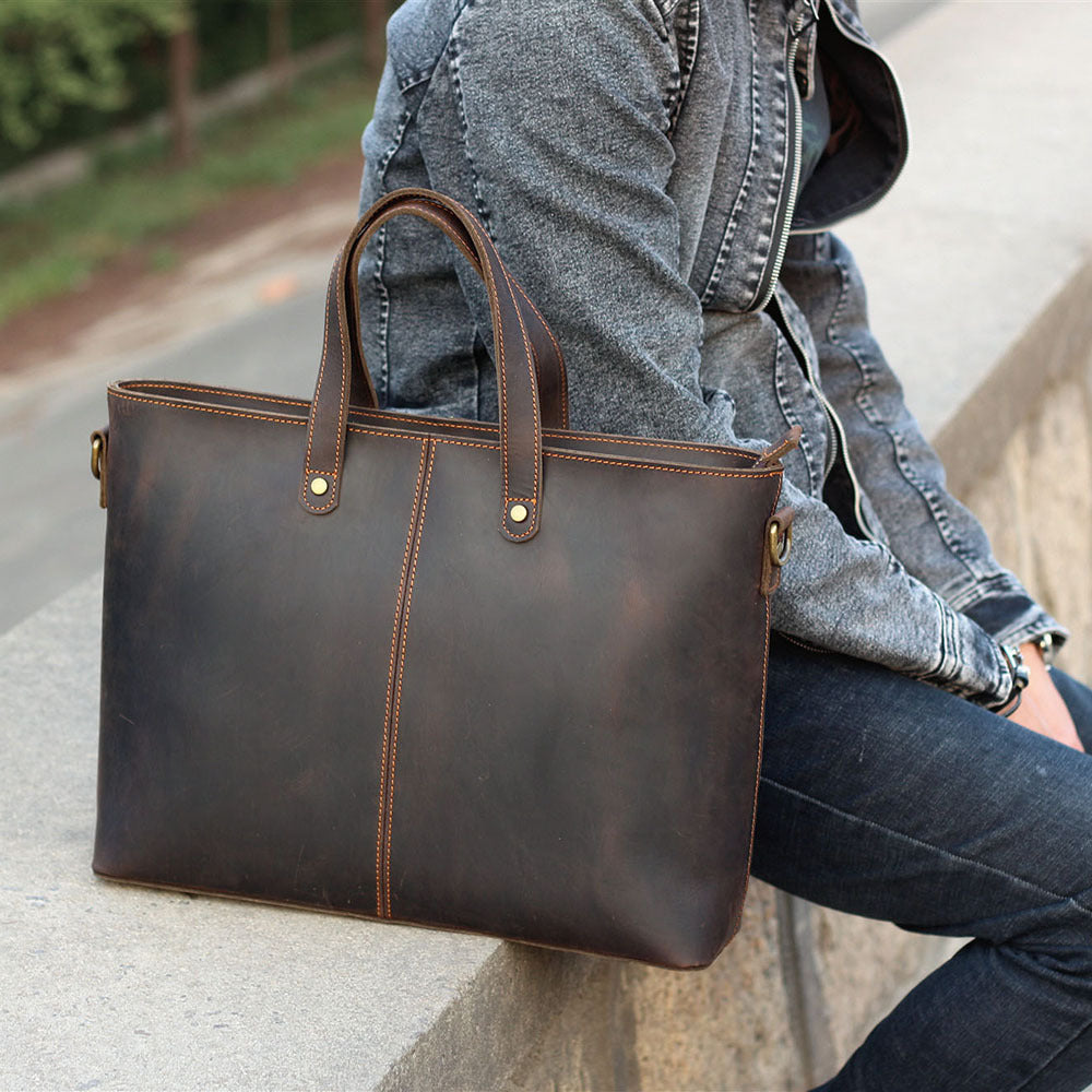 simple retro leather portable briefcase crazy horse leather mens shoulder messenger bag