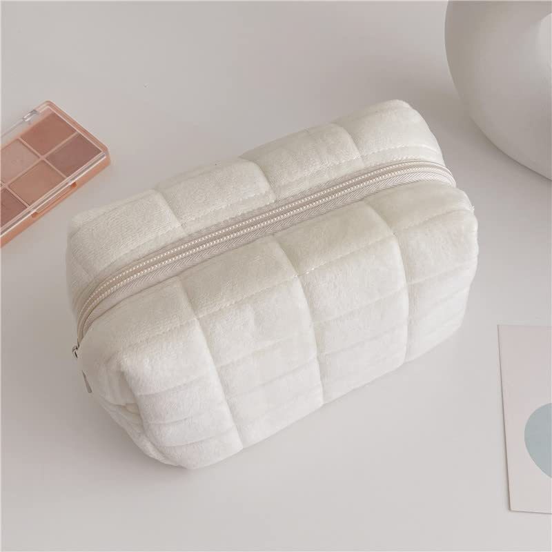 plush makeup bag checkered cosmetic bag cosmetic travel bag large zipper travel toiletry bag portable multi functional capacity bag cute makeup brushes storage bag for women