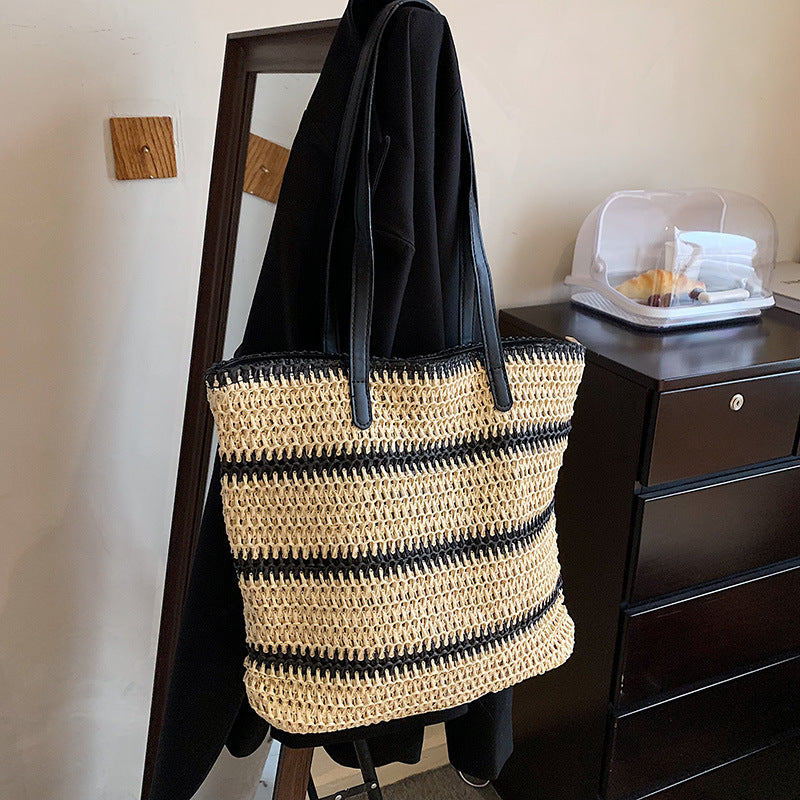 striped large capacity casual handbag summer straw bags