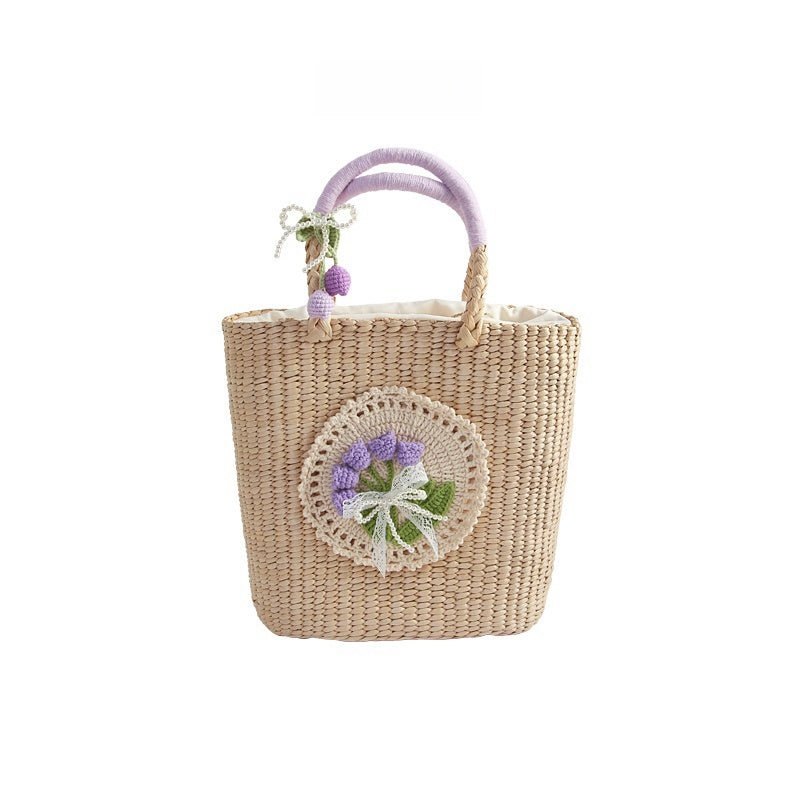 casual hand woven straw bag verticle square flower purple