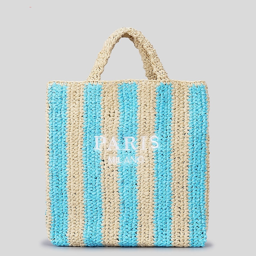 striped hand woven straw bag womens embroidered letters