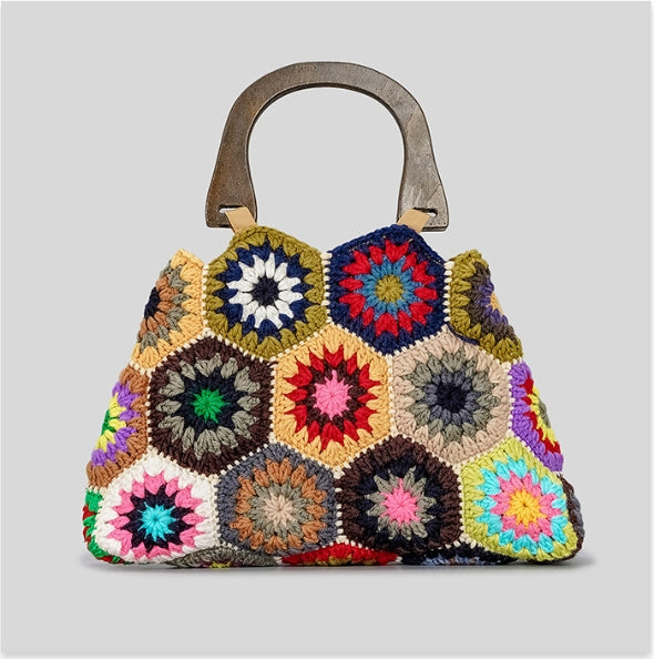spring and summer new grandma plaid women bamboo handle patchwork retro contrast color cotton braided handbag