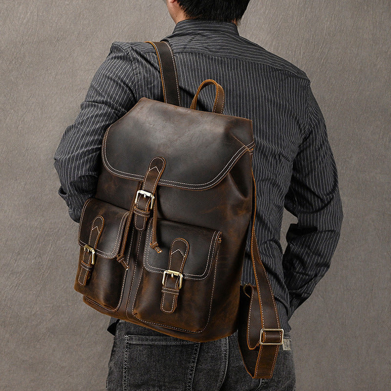 casual retro crazy horse leather travel backpack