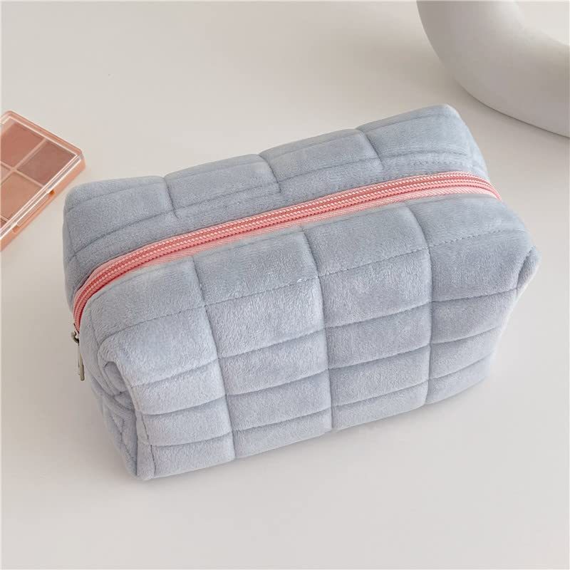 plush makeup bag checkered cosmetic bag cosmetic travel bag large zipper travel toiletry bag portable multi functional capacity bag cute makeup brushes storage bag for women