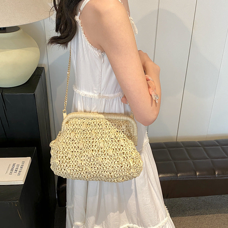 fashion woven bag one shoulder hollow out beach bag