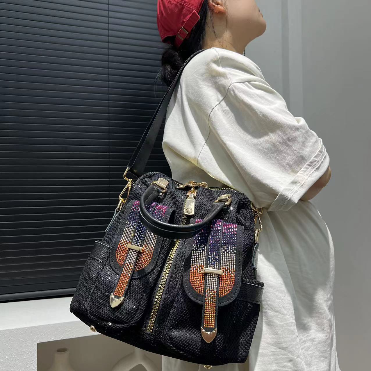 womens fashion diamond embedded elegant backpack multi pocket tote