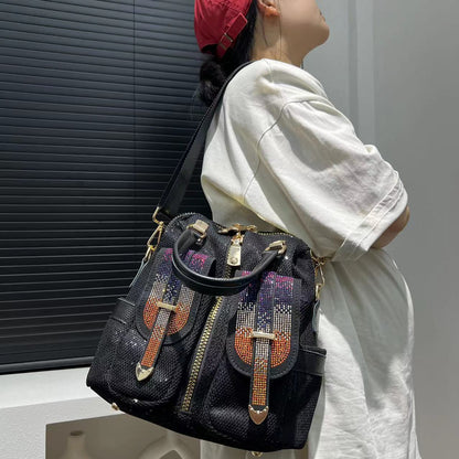 womens fashion diamond embedded elegant backpack multi pocket tote