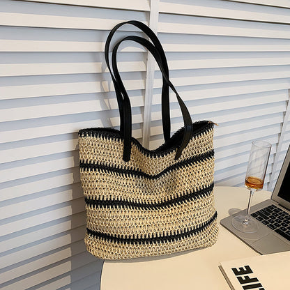 striped large capacity casual handbag summer straw bags