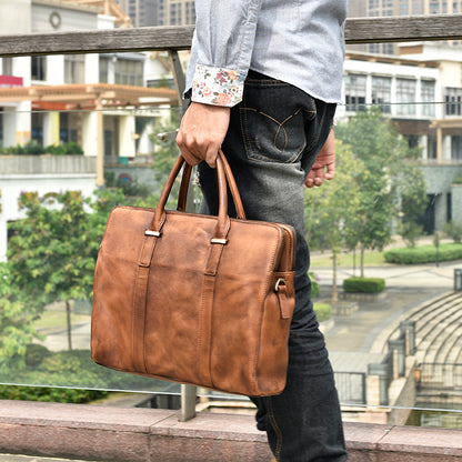 vintage vegetable tanned leather mens first layer cowhide casual business handbag