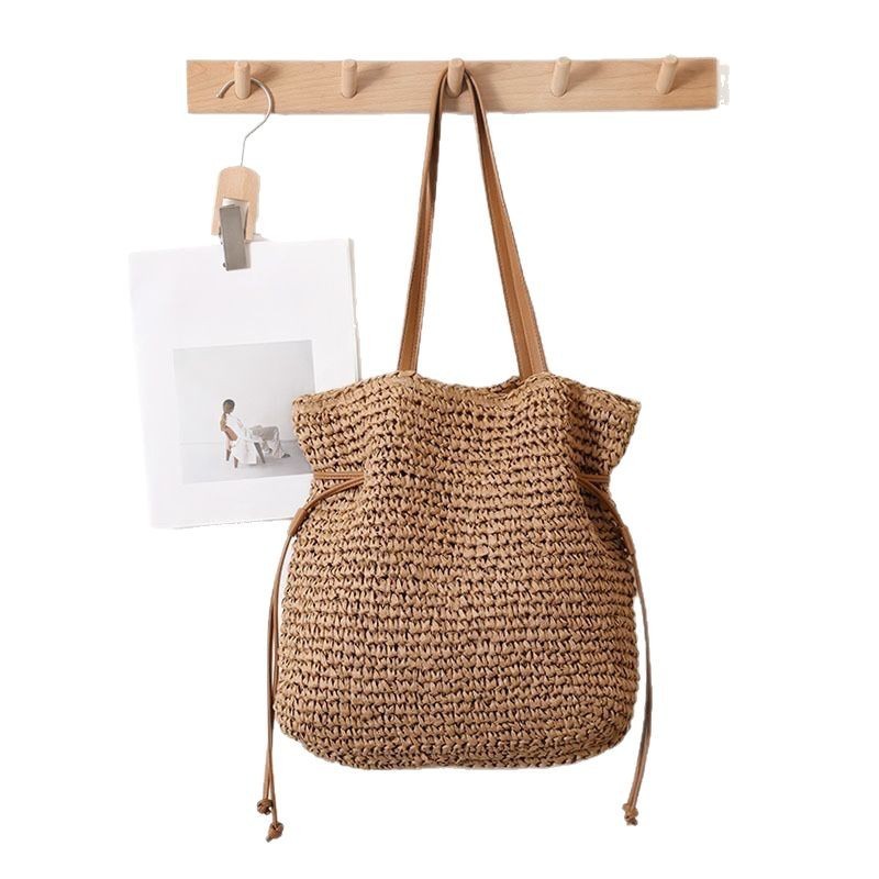 large capacity straw bag drawstring hand carrying knitting shoulder bag