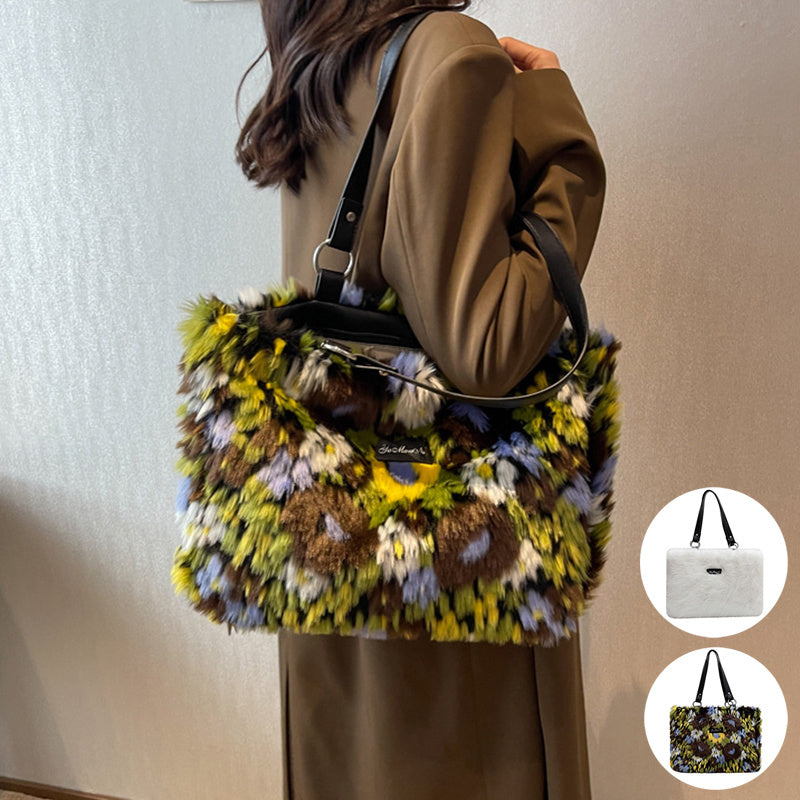 winter plush bags women flowers shoulder bag handbag