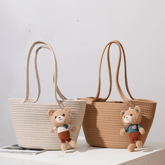 womens fashion casual cotton thread shoulder straw bag