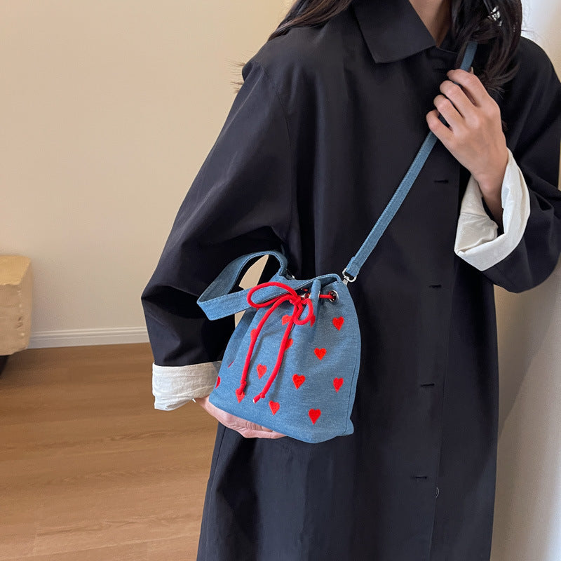 embroidery love pull belt shoulder messenger textured mini bucket bag