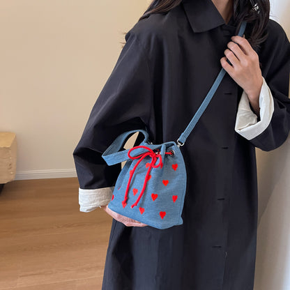 embroidery love pull belt shoulder messenger textured mini bucket bag