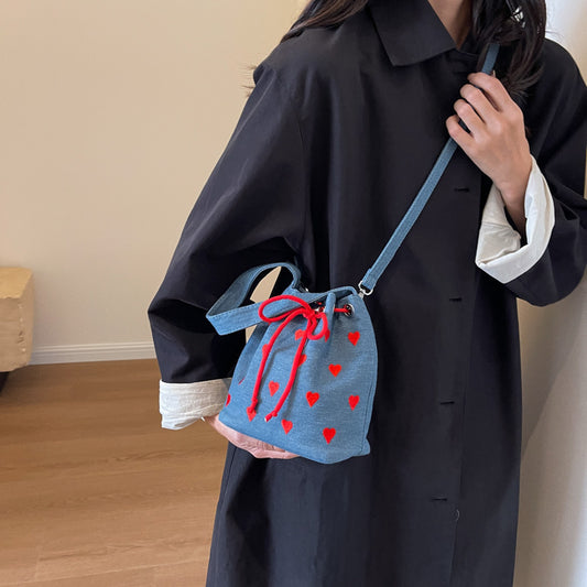 embroidery love pull belt shoulder messenger textured mini bucket bag