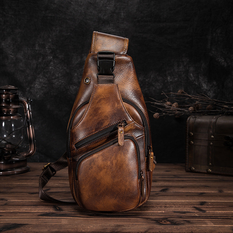 mens simple top layer cowhide chest bag