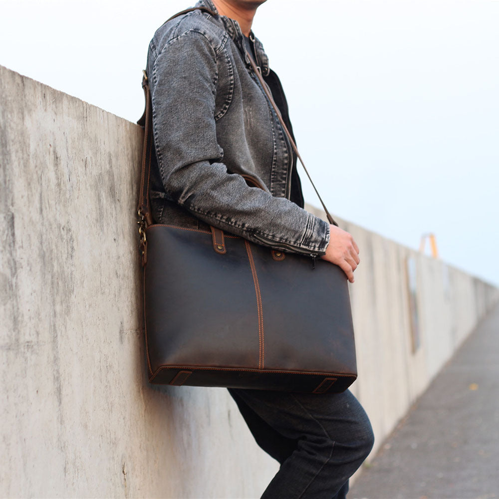 simple retro leather portable briefcase crazy horse leather mens shoulder messenger bag