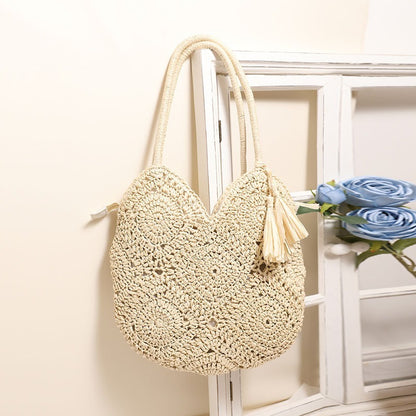 hollow tassel straw bag large capacity shoulder woven bag