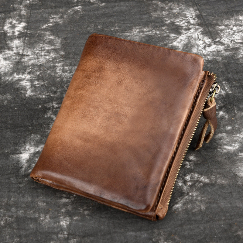 cowhide retro double zipper men wallet