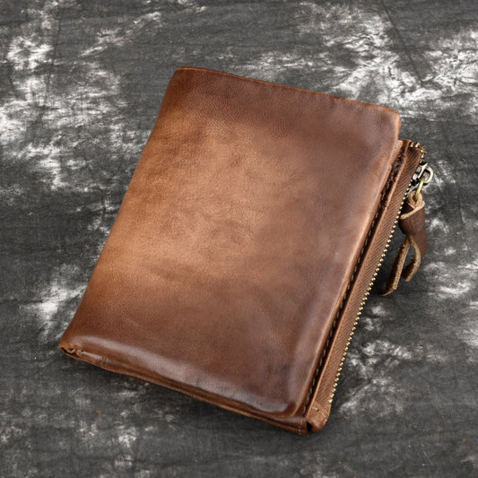 cowhide retro double zipper men wallet