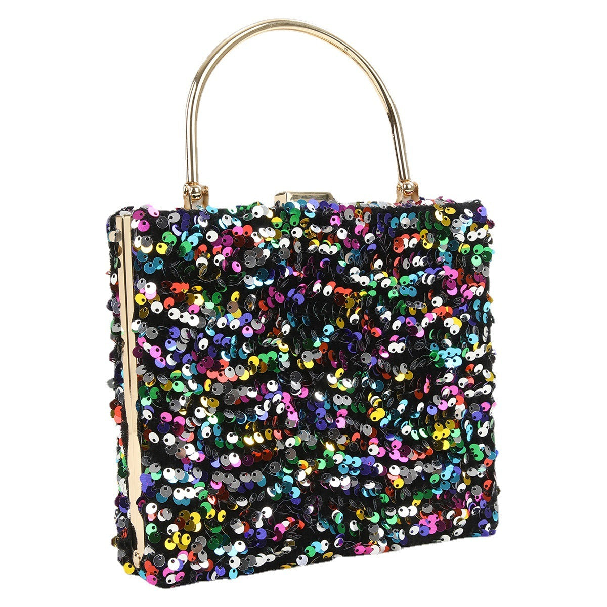 womens hand holding dinner bag colorful sequins