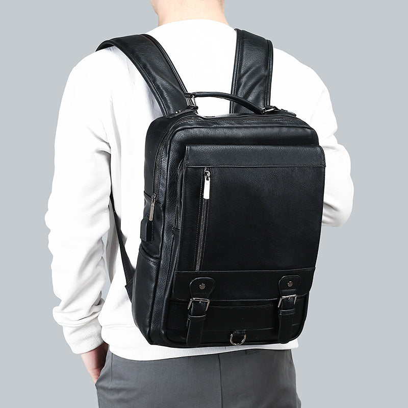 mens leather new large capacity usb charging backpack