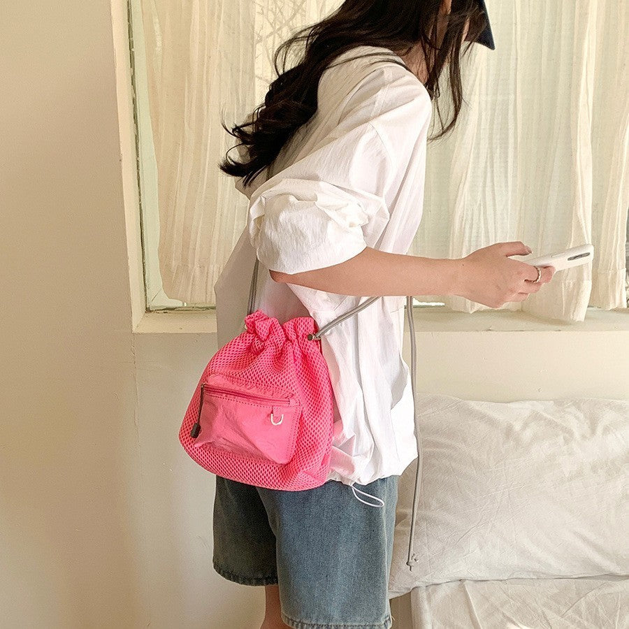 small mesh drawstring bucket bag fashion cute messenger shoulder bags for women