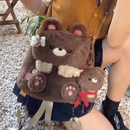 large capacity cute personality plush bear backpack for women