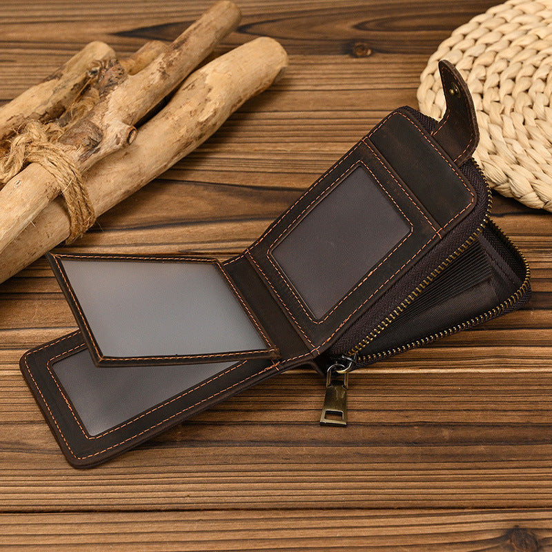 mens short crazy horse leather zipper wallet