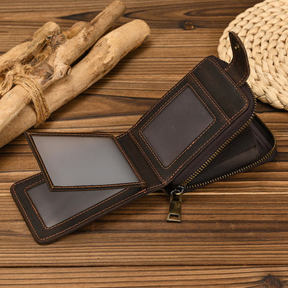 mens short crazy horse leather zipper wallet