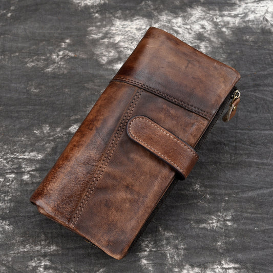 vintage rubbed leather fashion stitching long wallet