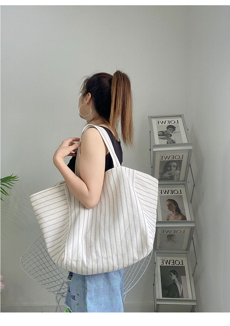 canvas bag for women ins shoulder large capacity idle style striped fashion