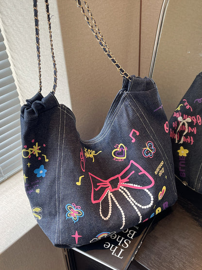 Women's Niche Graffiti Denim Canvas Casual Large Capacity Single Shoulder Bag