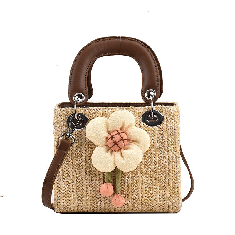 womens fashion flower weaving straw handbag