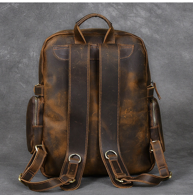 leather wide shoulder strap travel cowhide backpack