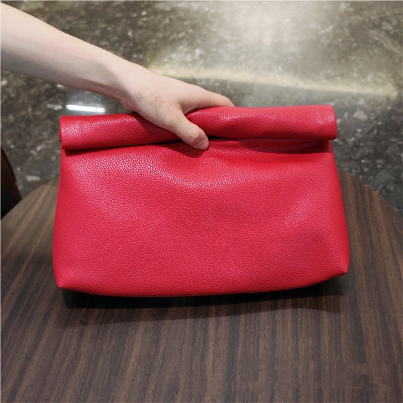 simple leather curling large capacity handbag