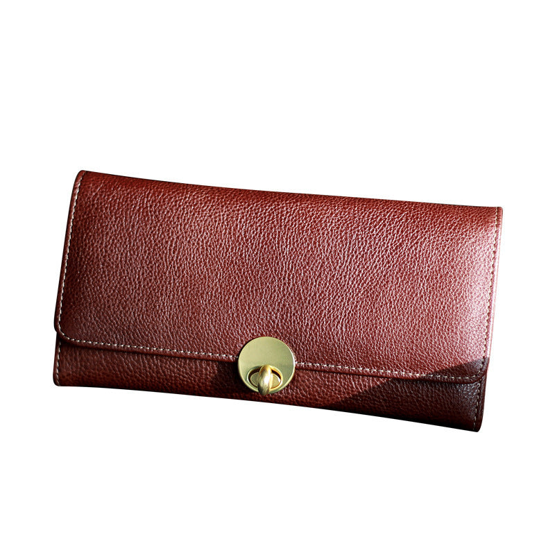 womens long thin top layer cowhide lock two layer wallet