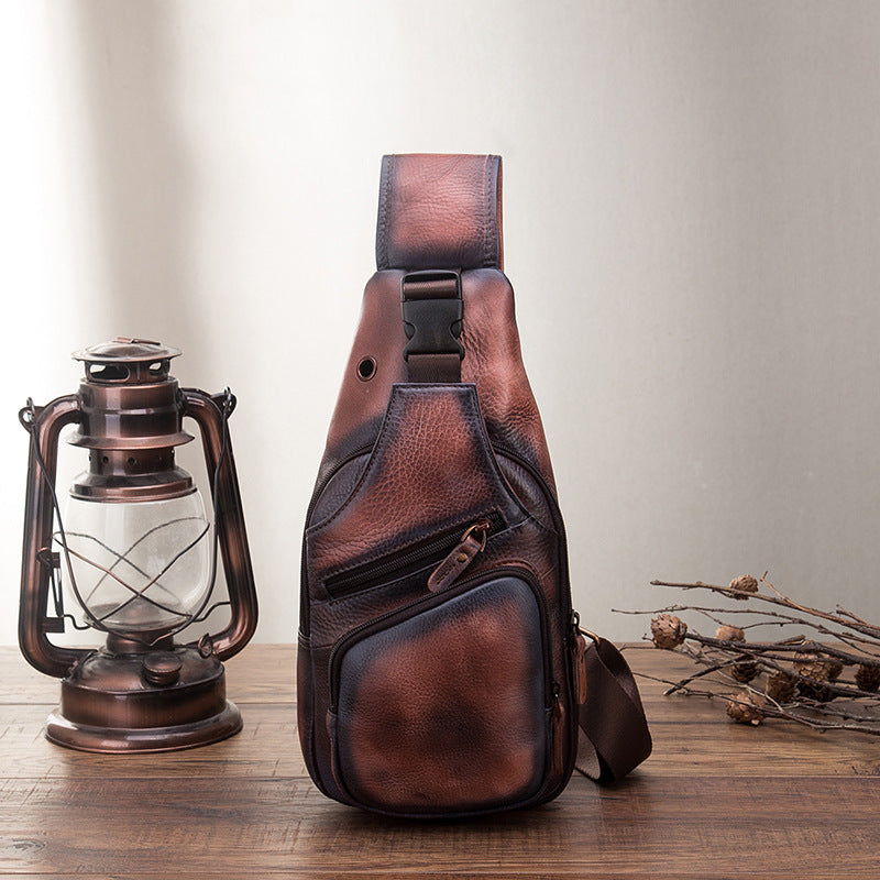mens simple top layer cowhide chest bag