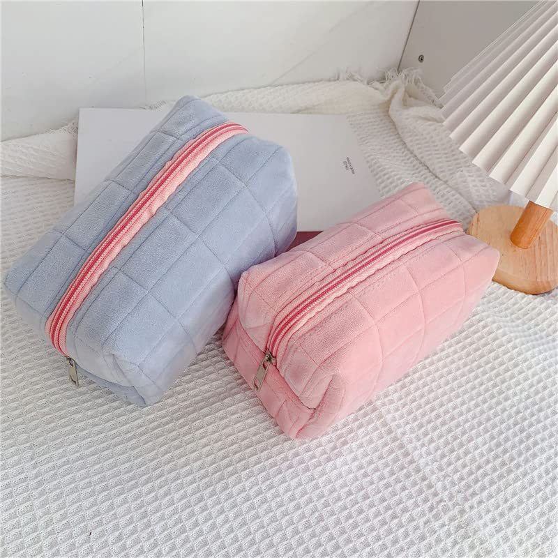 plush makeup bag checkered cosmetic bag cosmetic travel bag large zipper travel toiletry bag portable multi functional capacity bag cute makeup brushes storage bag for women