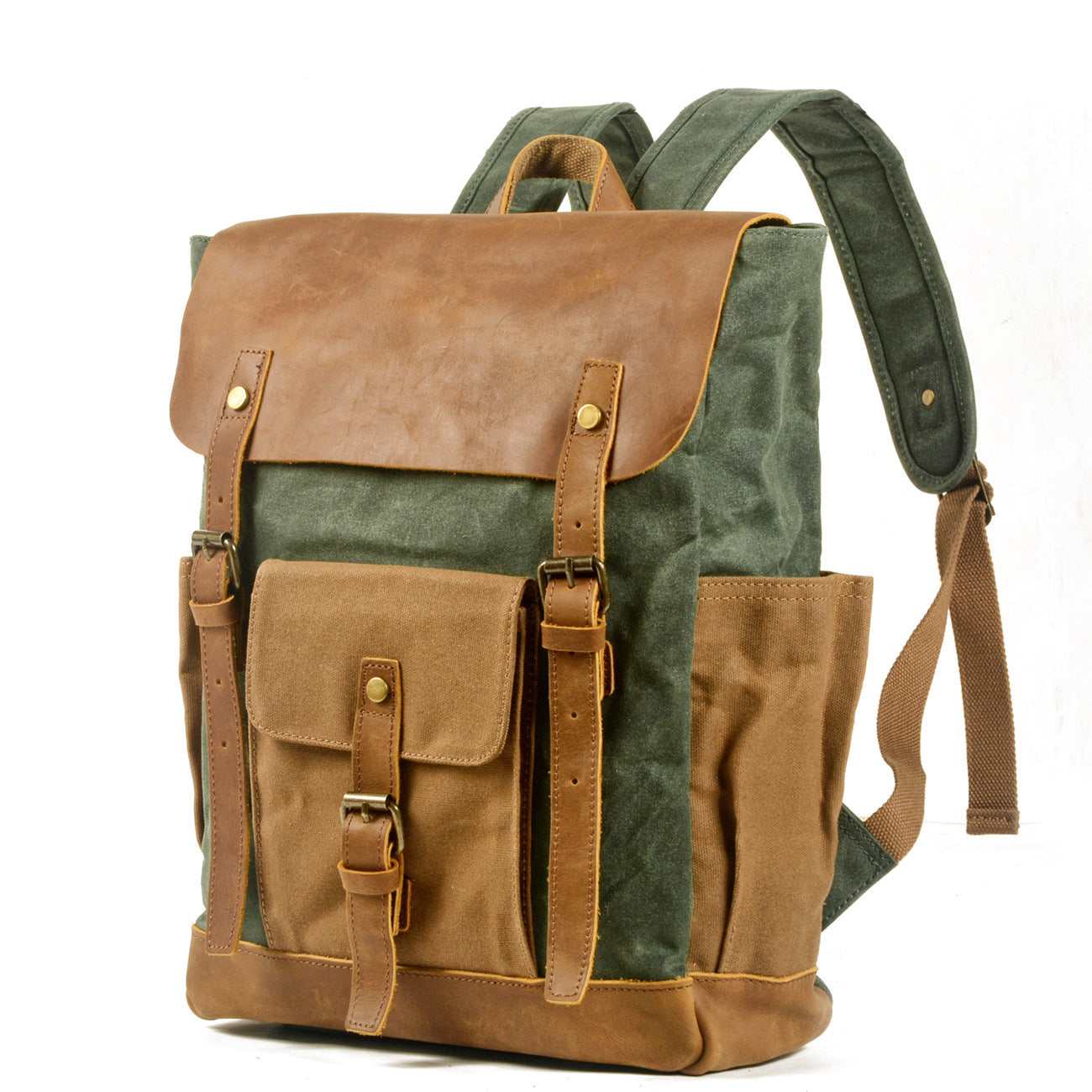 canvas stitching crazy horse leather backpack oil wax waterproof computer schoolbag
