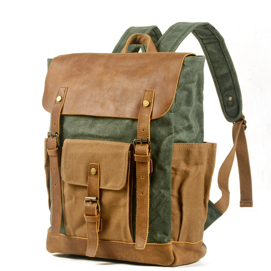 canvas stitching crazy horse leather backpack oil wax waterproof computer schoolbag