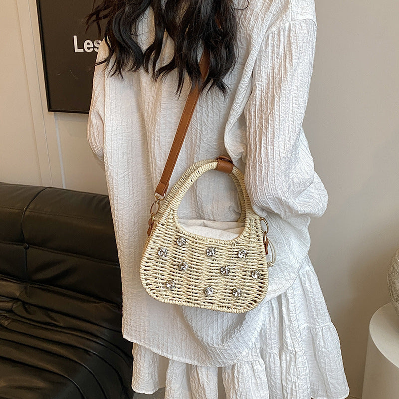 woven bag womens shoulder rhinestone portable messenger bag