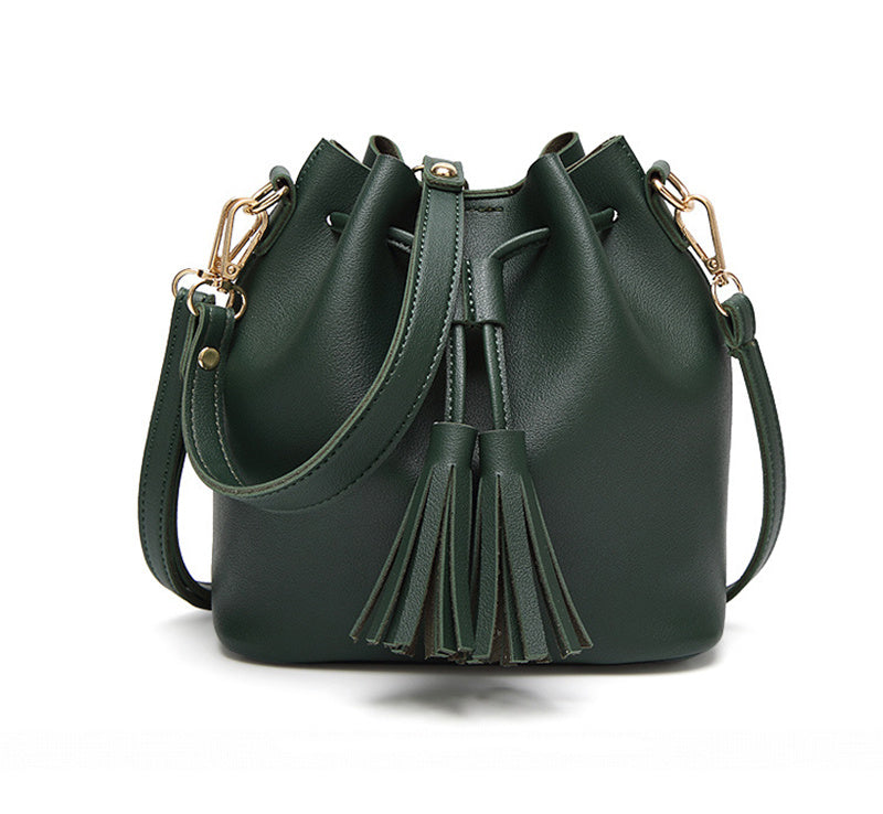 vintage fashion small women leather bucket bag handbag tassel drawstring shoulder bag