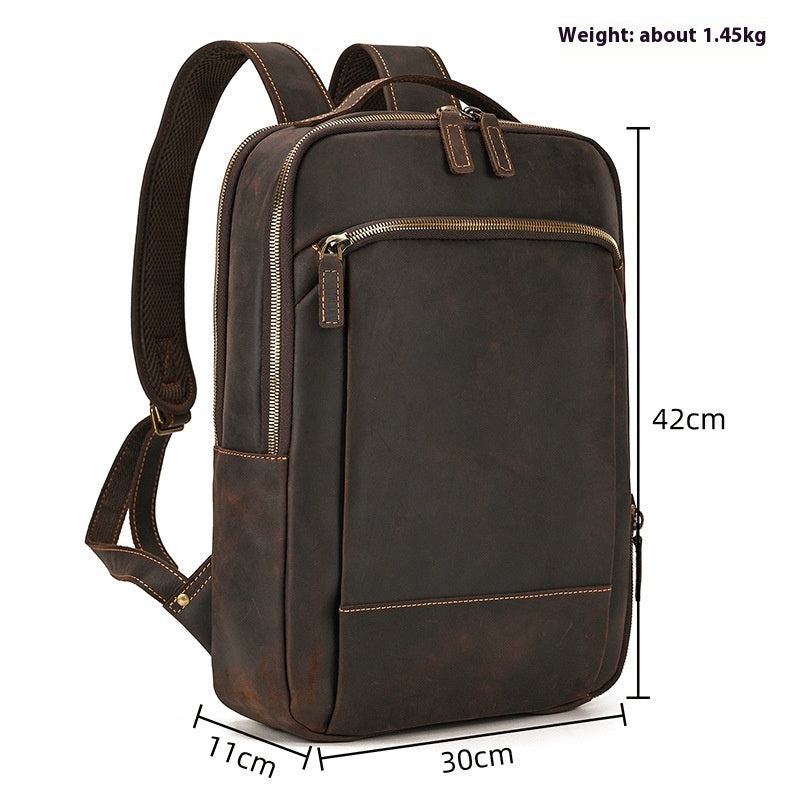double zipper main bag genuine leather large capacity crazy horse leather outdoor travel leisure backpack