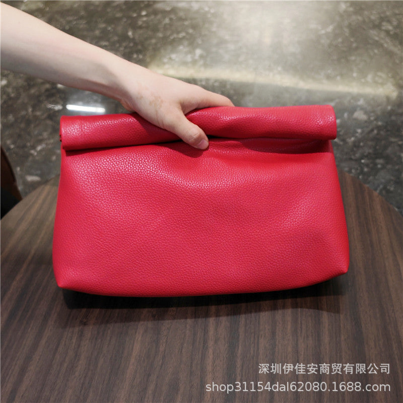 simple leather curling large capacity handbag