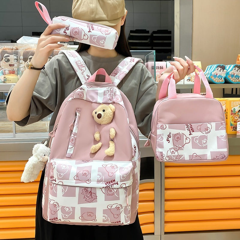 elementary and middle school student schoolbags womens cute bear lunch box three piece set