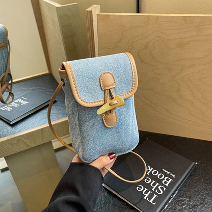 vertical denim mobile phone bag womens horn button shoulder messenger bag