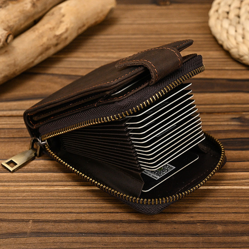 mens short crazy horse leather zipper wallet