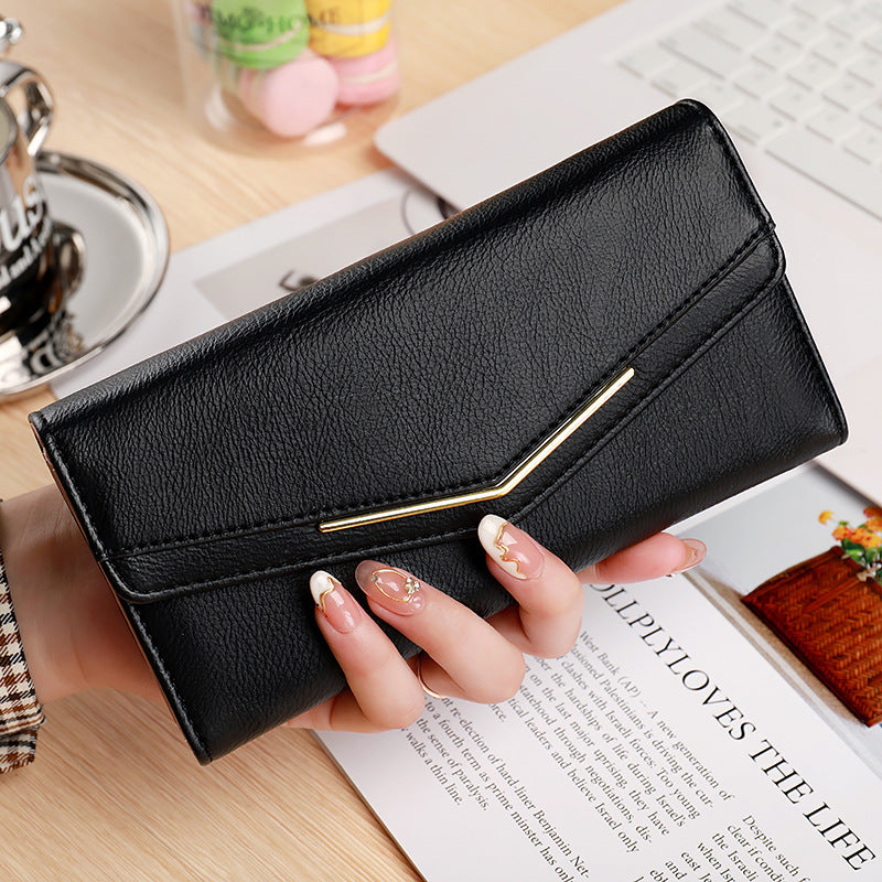 womens long three fold stitching fashion multi card slot leather oil wax leather large capacity wallet